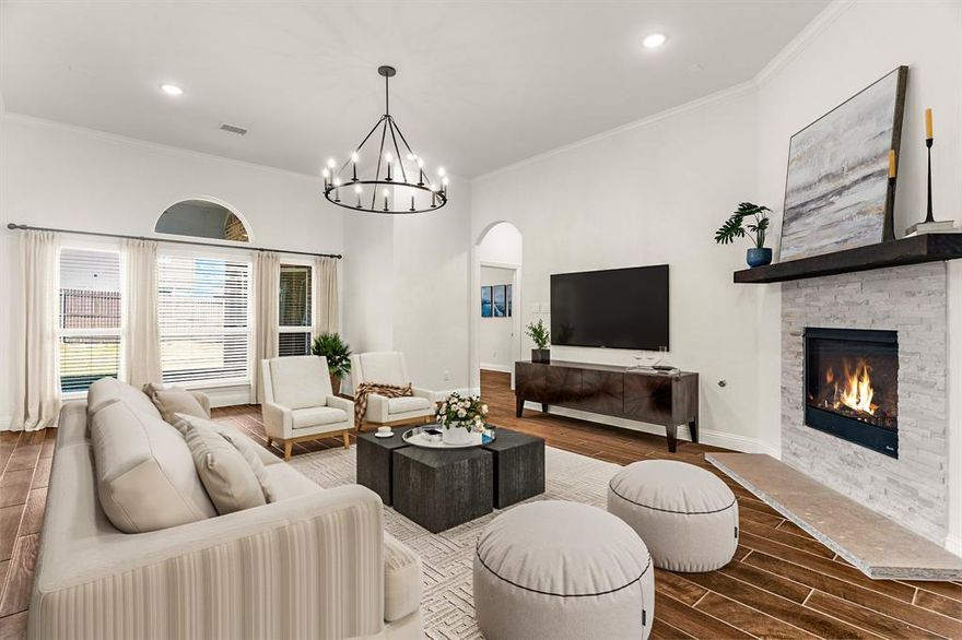 Stunning single-story home built in 2018 by First Texas Homes with a customized Sonoma floorplan in the desirable Willow Wood community of McKinney, zoned to award-winning Melissa ISD. This 4-bedroom, 2-bath, 2,508 sq ft home features 11-foot vaulted ceilings, architectural archways, upgraded lighting, and wood-look tile flooring throughout the home. A private home office with glass-pane French doors sits at the front of the home, ideal for work or study. The gourmet kitchen includes quartz countertops, subway tile backsplash, walnut cabinetry with pot drawers, a large island with storage, walk-in pantry, and separate butler’s pantry with glass-front uppers. Frigidaire Gallery stainless appliances include double oven, gas cooktop, and vent hood. The kitchen opens to a spacious living room with natural light and a stone gas fireplace with wood mantel and TV wiring. The oversized primary suite offers vaulted ceiling with crown molding, bay windows, and a spa-like bath with dual vanities, soaking tub nook, walk-in shower with body sprays, private water closet, and large walk-in closet with built-ins. Secondary bedrooms include vaulted ceilings, generous closets, and easy-care tile flooring. Smart home upgrades include Ecobee thermostat, ethernet to every room, HomePro security system, central vacuum, industrial-grade water filtration and softener system, tankless water heater, Wi-Fi booster, and exterior porch camera. Backyard features a covered patio with aviator fan, roller shade, and storage shed that conveys. Oversized 2-car garage offers ceiling storage racks and side entry door. Willow Wood offers a resort-style pool with splash park, basketball court, playground, walking trails, and quick access to Hwy 5, US-75, and 121. Less than a mile from Willow Wood Elementary and minutes from downtown McKinney, retail, dining, and parks.