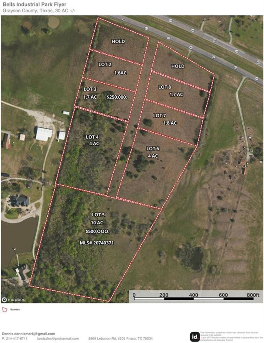 Lot-3 1.7 acres in new Industrial Park 29.6 acres on US Highway 82, between Sherman and Bells, this Property may be used for Commercial, Industrial, RV Park, or Farm and Ranch. Outside City Limits and no ETJ to deal with. Electricity and Co-op water in front of site. Excellent Visibility and huge car counts. More parcels are available if you need to add on to your 1.7 acre Site.