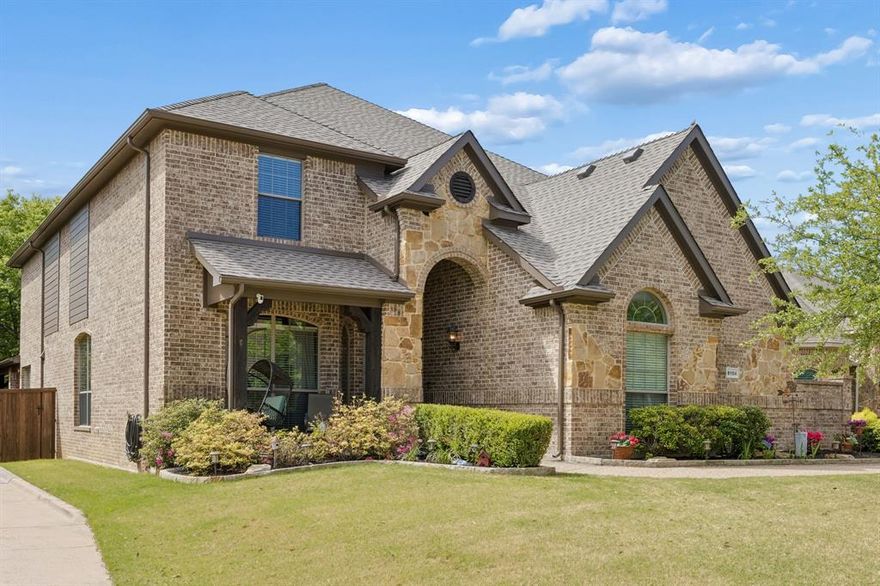 Welcome to 8104 Red River Run - an expansive Birdville ISD home boasting 5 bedrooms, 4 bathrooms, an office, 3-car garage, and an upstairs media room. Hand-scraped hardwood floors welcome you into the winding first floor past the office towards the dining room. The kitchen includes an oversized L-shaped eat-in island with custom tiling, as well as a double-oven, ice maker, walk-in pantry and breakfast area. The living room has massive cathedral ceilings and a stone-hearth fireplace. There are two bedrooms downstairs (including the primary), and three bedrooms upstairs (including an oversized custom bedroom with two closets). The upstairs has plenty of room for lounging either for reading in the gameroom loft, or for watching a movie in the media room. On a nice spring day you can sit outside on the large covered patio that's wired for lighting, electrical, bluetooth sound, and even has a screen to block sun and bugs. With a new roof and carpet in 2026, new exterior paint in 2025, and new HVAC in 2024...this young home has been very thoughtfully maintained and updated.