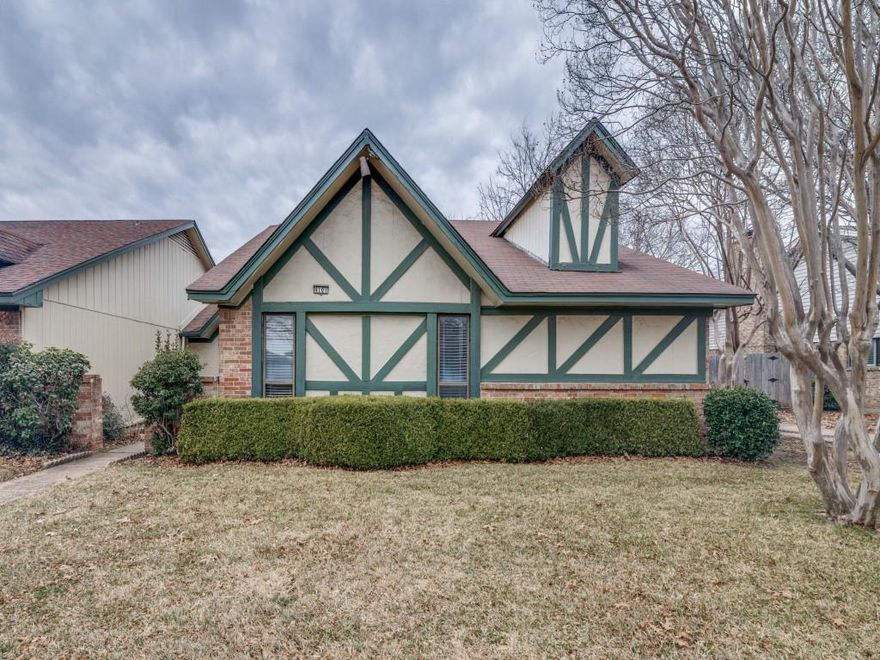 Welcome to this English Tudor style home  that will surprise you with all the room inside! Huge living room with beautiful wood beams and vaulted ceilings.  Kitchen equipped with double ovens, fairly new cooktop and lots of cabinets.  Large dining area with a bonus room that would make a great study or hobby area.  Additional flex room upfront that could easily make a great office or possibly convert to 4th bedroom.  Towngate is a unique well maintained small community of townhomes and half duplex's.  This property is a half duplex.  HOA pays for front  yard maintenance, community pool and tennis.  2 walk in closets in master, built in linen cabinets in both baths.  Garland is a freedom of choice school district  but Roach Elementary is right near the neighborhood. Listing agent is owner.