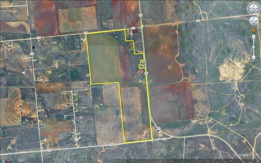 212.34 acres on the west side of FM 604, south of Hwy 351, across from Vantage Data Center Campus.  115 acres in cultivation.  Remainder in native pasture.  Has two water meters - one on FM 604 and one on CR 150.  Electricity (Taylor Co Coop), two earthen tanks, cattle pens, septic system and a barn.  Has a little living area in the barn with two sinks and a toilet.  Average to above average fencing. Natural gas pipeline ROW runs E-W through the southern 80 acres. 5-6 acre old gravel pit in the SE corner of the tract along CR 100.