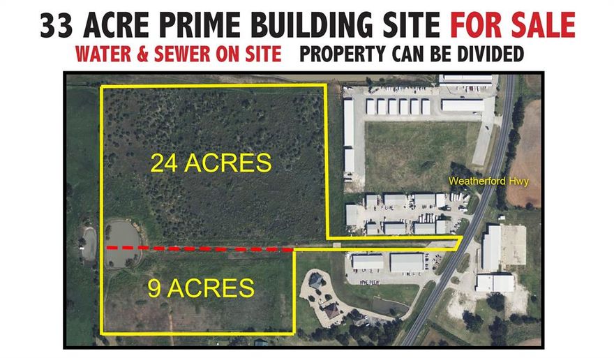 EXCEPTIONAL OPPORTUNITY - 33+ acres with CITY WATER AND SEWER ON THE PROPERTY and easy access off of Highway 51 (Weatherford Hwy) Currently zoned Interim Hold, would make an exceptional location for a mid range priced housing development, with an elementary school just minutes from this location. Comprehensive Land Use Plan for City of Granbury proposed use is low density residential. Downtown Granbury is less than 5 minutes away for shopping, dining and entertainment venues. and it's an easy commute to Weatherford. Property can be divided into one 24 acre tract and one 9 acre tract.  Contact LO for details.