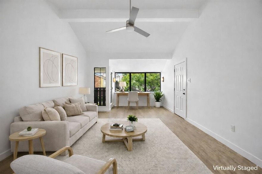 Fully updated second story condo in a gated community, offering a great blend of comfort and convenience. This unit overlooks the community pool and features a private balcony with outdoor storage closet, creating a relaxing outdoor space with a view. Inside, the home has been thoughtfully renovated throughout with wood-look laminate flooring and tile in the kitchen and bathroom. The living room includes a wood burning fireplace, abundant natural light, and a flexible nook that works well as a home office or reading space overlooking the pool. The kitchen has been completely updated with new cabinets, granite countertops, under cabinet lighting, and new appliances, including a combined oven and range, built in microwave, and refrigerator that conveys with the property. The bathroom has also been refreshed with updated cabinetry, granite counters, a new tub shower combo, new plumbing fixtures, and a stackable washer dryer area, plus a nicely sized storage closet for added convenience. Decorative lighting throughout adds a clean, modern touch. The spacious primary bedroom features vaulted ceilings and a generously sized walk in closet. Located just minutes from the Katy Trail, with easy access to shopping, dining, and major roadways, this condo is a great option for a first time buyer, downsizing, or investment.