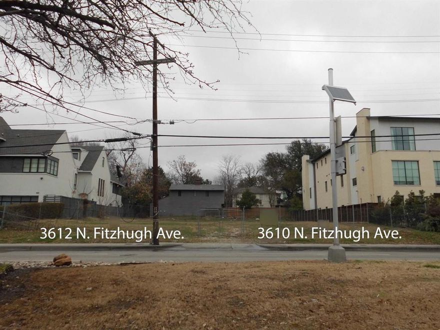 Rare Builder Opportunity on Fitzhugh.  Two adjacent lots, each 50' x 150', surrounded by luxury multi-story duplexes.  Utilities, water, and sewer services updated in 2020 as a requirement of the demolition permit.  The Lots will be sold together, the list price is for both lots.  The two lots are 3610 N. Fitzhugh which is the main property on this listing, the adjacent lot is to the west at 3612 N. Fitzhugh Ave.  Lots are located within walking distance to highly desirable areas including Knox Street, The Katy Trail, Turtle Creek, Highland Park with close proximity to Uptown and Downtown Dallas. See attached architectural conceptual renderings with underground parking & shared common areas which would require zoning changes.  NOTE: PRICE IS FOR 2 (two) ATTACHED 50' X 150' LOTS!!!  Owner financing is available for up to $1,000,000 at 6.0% the term is negotiable.