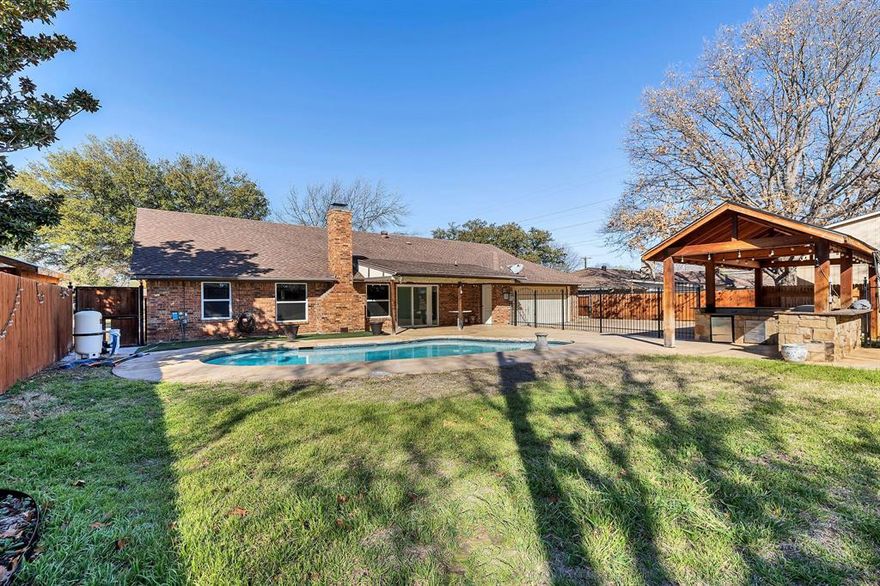 This property features all the upgrades and outdoor entertaining you are looking for. Beautiful pool with maintenance cleaning included in rent. Yard also features a outdoor kitchen and 2 patio areas! Inside you will be amazed at the updated kitchen, fireplace, cabinets and bathrooms. No carpet to maintain! Master suite has extra large walk in shower, his and her sinks and closets!