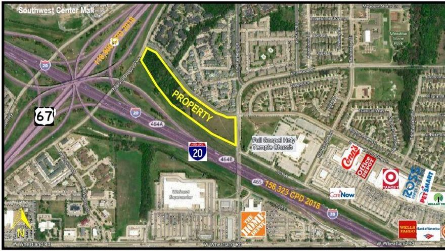 Freeway campus site with road frontage on all sides.  TxDOT is currently building new frontage roads along the IH-20 frontage which will enhance access and exposure.   It is generally at the northeast corner of IH-20 and US-67, but city streets on the other two sides.  This is a great campus site with many options.  It is generally level with one small creek that has some flood plain.  It is zoned MU-2 Mixed Use in Dallas for mixed uses.  City does not want tax credit housing here.  Partial sales considered.