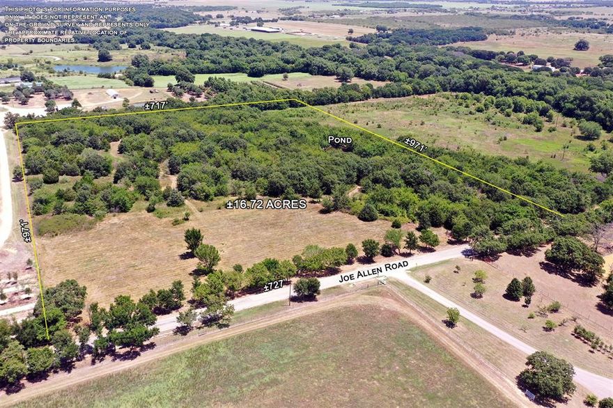 Ideally positioned for a variety of uses, this prime 16.72-acre tract offers exceptional versatility and potential. Set between two rapidly developing Farm-to-Market corridors, the property provides approximately 725 feet of paved road frontage and sits outside the Pilot Point ETJ with no deed restrictions, offering uncommon flexibility for future plans. It is well-suited for a single-family homesite, horse property, investment holding, potential subdividing, or a range of special-use purposes.

Located approximately 9 miles north of Highway 380, the acreage fronts a paved county road between FM 1385 and FM 2931. Its scenic setting, featuring a balanced mix of wooded areas and open pasture, a pond, and desirable sandy loam soil, will appeal to those seeking a picturesque country homesite, builders looking for a reasonably sized tract in a high-growth area, and investors recognizing its proximity to two expanding Farm-to-Market corridors.

The existing wildlife property tax exemption provides meaningful tax advantages, and the property offers access to Mustang Water and electricity at the road.

A rare opportunity in a rapidly developing region, located directly across from the proposed 364-acre Maverick Farms Development.