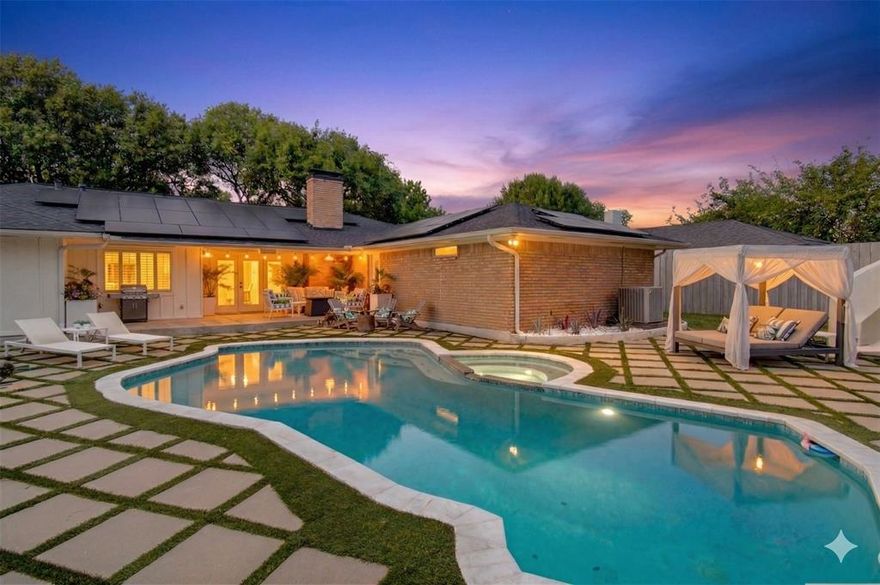 Experience the ultimate in comfort and style with this stunning 4-bedroom, 2.5-bath single-story home in Royal Chapel Estates. Designed for both relaxation and entertaining, the interior features a formal dining area and an inviting lounge. Perfect for hosting gatherings or enjoying quiet evenings, every space blends functionality with sophistication.
Step outside to the showstopper backyard—a sparkling pool with a full outdoor bathroom, a covered patio for leisurely afternoons, and an oversized yard offering plenty of privacy. The rear electric fence ensures peace of mind, while solar panels provide energy efficiency and utility savings. Solar panels will convey with the home, and the balance will be paid in full at closing.
Located in the heart of Dallas, this home places you near the scenic Northaven Trail, perfect for outdoor activities and a vibrant lifestyle. Every detail of this property is designed to enhance your living experience, from entertaining spaces to thoughtful energy-saving features. Discover the perfect blend of luxury, convenience, and lifestyle in one remarkable home.