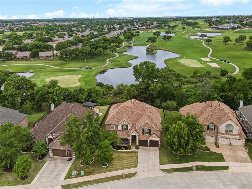 Don't miss this rare opportunity! Open house May 9th 2-4pm. Perched high above and with panoramic water views of the 18th hole at the exclusive Oakmont Country Club Golf Course, this amazing property is truly unique and doesn't come around often - this is your chance. Soaring high vaulted ceilings, arched entryways, intricate wood work, crown molding and high baseboards compliment the wood flooring throughout, highlighted by the abundance of light shining through the large windows and plantation shutters. Freshly painted interior and exterior, colorfully landscaped curb appeal and gorgeous interior design and furnishings (all negotiable) as well as a new roof (2025) and AC units (2025-2026).. not much more you could wish for. Primary suite, office and 2 full baths on main floor, 4 spacious bedrooms, game room loft with views to below and 2 more full baths round out the second floor. HOA dues less than $60 per month to live in this exclusive community. Golf course membership optional. Virtual tour and property website available, call listing agent for links. Mere minutes from highly-rated Hawk Elem, Crownover Mid and Guyer HS.