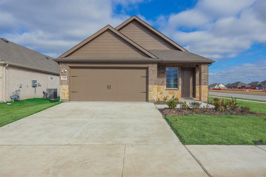 Welcome home to easy, comfortable living at 709 Chipper Trail in Lavon, TX. This nearly new 2025 ranch-style home is perfect for first-time buyers or anyone looking to downsize without giving up space or comfort. With 3 bedrooms, 2 full bathrooms, and 1,606 square feet, the layout is thoughtfully designed to be both functional and easy to maintain.

The single-story design means no stairs and effortless day-to-day living. An open, light-filled living area flows smoothly into the kitchen and dining space, making it ideal for quiet nights at home or hosting family and friends. The 2-car garage offers plenty of room for parking and storage, while the private, fully fenced backyard is just right for pets, gardening, or relaxing outdoors.

Built in 2025, this home gives you the peace of mind of modern construction, energy efficiency, and minimal maintenance—perfect if you’re buying your first home or simplifying your lifestyle. Located in a growing Lavon community with convenient access to shopping, dining, and major roads, this home offers comfort, value, and long-term ease.

Priced at $274,900, this move-in-ready home is an excellent opportunity to start your next chapter with confidence.