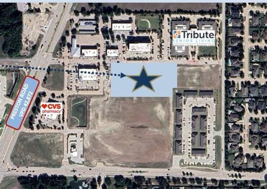 Rare shovel-ready 4.204-acre pad site in the heart of Prosper Town Center, positioned for immediate medical office or surgery center development. Approved plans in place for a ±30,000 SF two-story Medical Office Building (Phase 1) and ±15,000 SF Surgery Center (Phase 2), with full architectural elevations, civil engineering, and site work designed and permit-ready. Block A, Lot 2 of Prosper Town Center Phase VI (183,141 SF).
Strategically located just east of N. Preston Road (TX-289) with 42,872 VPD, immediately adjacent to CVS Pharmacy, Tribute Senior Living (assisted living & memory care), and surrounding Class A professional office. Less than one mile from The Gates of Prosper (Walmart, Dick's, TJ Maxx, Ross, Burlington, DSW, Kohl's, HomeGoods) and within walking distance of Reynolds Middle School and Prosper High School.
Located in one of the fastest-growing affluent submarkets in North Texas. Prosper population grew 50% from 2020-2024 to 42,598 residents, with a median household income of $198,632 and median home value of $886,000 — demographics that strongly support specialty medical, dental, surgical, and ancillary healthcare uses.
All utilities, easements, and access in place per recorded ALTA survey. Zone X (outside 0.2% floodplain). Plans, survey, civil drawings, and full due diligence package available upon request and execution of CA.
Sale Price: $4,500,000 ($24.60 PSF).