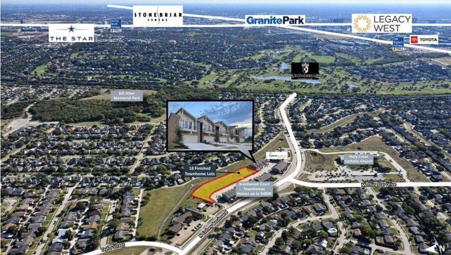 Vanguard Real Estate Advisors (“VREA”) has been exclusively retained by Ownership to offer builders the opportunity to purchase 18 finished townhome lots in Brentwood Court in The Colony, TX (the “Lots”). This offering includes 18 finished townhome lots with front facing garages and primarily 24’ x 100’ lot sizes. Ownership has already built 25 two-story townhomes and sold 21 with the remaining 4 townhomes currently listed for sale up to $489K.

These townhomes can be developed as a for-sale or for-rent product. The lots are located in a premier location blocks from Stonebriar Country Club, one mile north of Highway 121 and two miles west of the Dallas North Tollway.