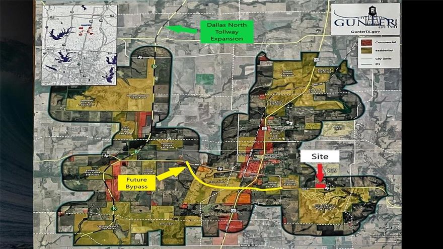 This 30-acre ag exempt tract resides on a hard corner of FM 121 and JC Maples Road directly across from the 1,587-acre master-planned Bridges at Preston Crossing in Gunter. Flat, rectangular lot features 1,549 ft of road frontage along FM 121 as well as 814 ft along JC Maples Rd. Ideal for commercial, mixed use, or other high density planned development. Parcel resides in the Gunter ETJ and is located minutes from Sherman which has experienced massive multi-billion dollar expansions from Texas Instruments, Globitech, and Finisar. The 281-acre Platinum Ranch, 500-acre Taylor Ranch, and 1,221-acre Double Platinum Ranch are just a few of the nearby Gunter tracts to be recently acquired by developers and compliment the massive 3,200-acre Legacy Hills development. Additionally, multiple neighboring residential Planned Developments are under active construction. Future TXDOT bypass along FM 121 as well as the Dallas North Tollway expansion will drive traffic counts dramatically higher as developers rush to secure land to accommodate the northward expansion from Frisco, Prosper, and Celina. Gunter residents will be able to easily access the expanding North Dallas Tollway or Hwy 75 in Van Alstyne for easy access to the Dallas metroplex.
