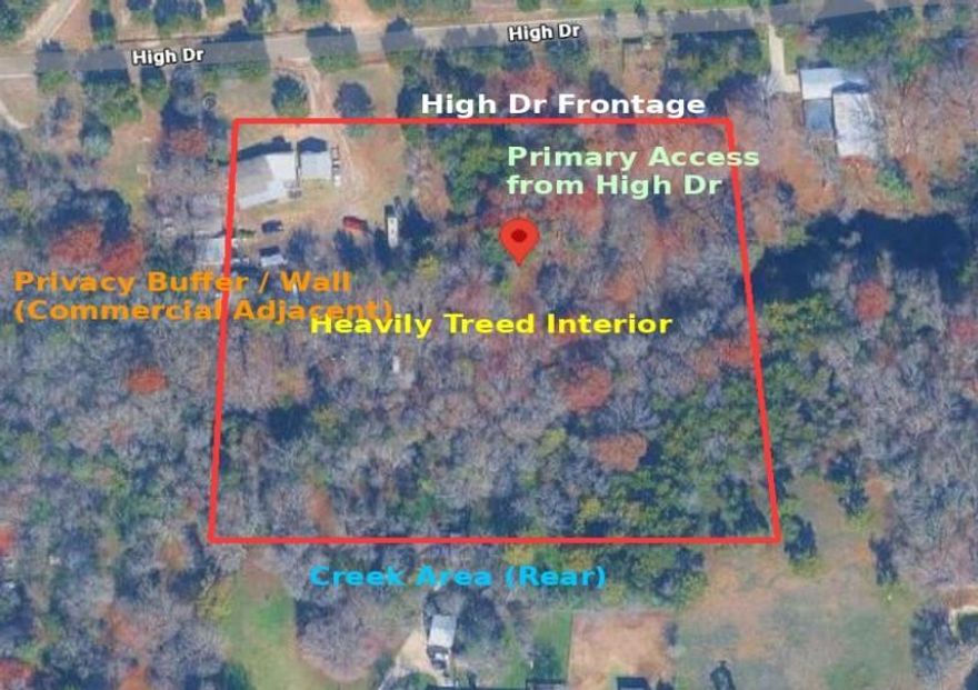 Secluded, Treed Homesite with Creek. Rare opportunity to own a private, heavily treed lot in a peaceful country setting just minutes from Cedar Hill conveniences. This unique property features mature trees, a creek at the rear, and an existing well currently used for irrigation. A loop drive from High Drive through Simmons Way offers both privacy and easy access. Enjoy the quiet of rural living while being near nearby commercial development, thoughtfully buffered by a privacy wall that preserves the natural setting. Ideal for a custom home or private retreat secluded land with natural features like this is increasingly hard to find. Survey available.