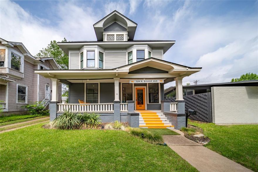 Built in 1923, this remarkable Prairie-style residence blends beautifully preserved historic character with thoughtful modern updates, all located less than two-tenths of a mile from the shopping, dining and entertainment of Bishop Arts. Meticulously maintained and fully renovated in 2022, the home is filled with timeless architectural details including a fully functioning rich wood-paneled pocket door, coffered ceilings, charming built-ins, bay windows and wood floors. The flexible floorplan offers seven spacious rooms with three on the first level and four on the second, creating endless possibilities for bedrooms, living spaces, guest accommodations, creative studios or work-from-home flexibility. Each level features a kitchenette with generous counter space, a sink, refrigerator, dishwasher and separate half bath, while minor bathroom modifications could easily allow for the addition of a tub or shower on either level. The inviting front porch, rear deck, private exterior staircase and interior stair access create seamless indoor and outdoor living options. Modern improvements include updated plumbing and AC in 2025 and a roof replacement in 2024. With convenient front street parking and a private rear parking area accommodating up to seven vehicles, this one-of-a-kind property offers a rare opportunity to own a distinctive historic home in the heart of North Oak Cliff.