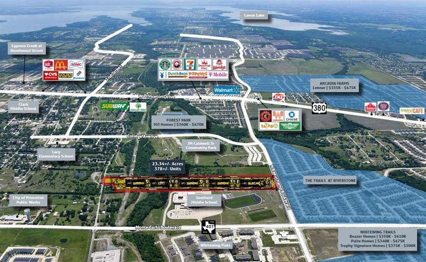 Vanguard Real Estate Advisors (“VREA”) has been exclusively retained by Ownership to offer developers and investors the opportunity to purchase a 23.34+- acre entitled shoveled ready multifamily development Site located at 1300 North Beauchamp Blvd in Princeton, TX (the “Site”). The Site currently has plans in place for a 378 unit, 3-story, garden-style build out. The Seller will convey existing architectural plans, engineering plans, and select third party reports at closing. The Site has frontage along North Beauchamp Boulevard and Longneck Road, it is also one mile north of US 380 which is the major east-west thoroughfare of the city. Also, in immediate proximity are both Southard Middle School and JM Caldwell Sr. Community Park. This well-located Site is a great opportunity to acquire a development parcel at an attractive and recently reduced price of only $19,500 per
developable unit, down from $24,470 per unit.