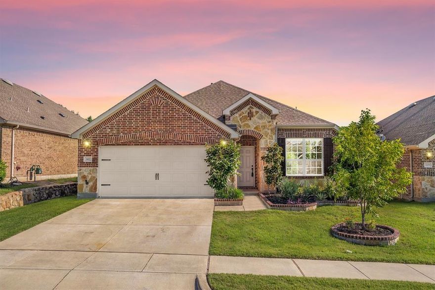 Welcome to this beautifully maintained, SINGLE-OWNER HOME nestled in the highly sought-after Canyon Falls community! Built in 2018, this 3-bedroom, 2-bath home with a dedicated office combines thoughtful design with comfortable living. Step inside to an inviting open floorplan, featuring engineered wood flooring that flows through the main living areas, office, kitchen, and into the serene primary suite.  The heart of the home is the spacious living room with a cozy stone-surround fireplace—perfect for relaxing or entertaining. The kitchen is a chef’s dream, offering granite countertops, a large center island, double ovens, and a built-in planning desk ideal for a home command center. Retreat to the peaceful owner’s suite, complete with a charming bay window, oversized Hollywood shower, and not one, but TWO WALK-IN CLOSETS. The covered back patio, extended with a pergola, and beautiful Mulberry, Fig, & Pecan trees creates the perfect spot to unwind outdoors. The front of the home offers a Persimmon, Cherry, & Walnut tree. Enjoy the ease of living- 6 houses away from one of two community pools, minutes from I-35W and Hwy 377, with DFW Airport only 22 miles away. Canyon Falls is a golf cart community and residents enjoy a vibrant lifestyle with access to resort-style pools, scenic parks and trails, a dog park, fishing pond, state-of-the-art fitness center, and more. HOA dues include front yard maintenance plus Frontier internet and TV—adding even more value to this exceptional home. Come experience the charm, convenience, and community of Canyon Falls living!