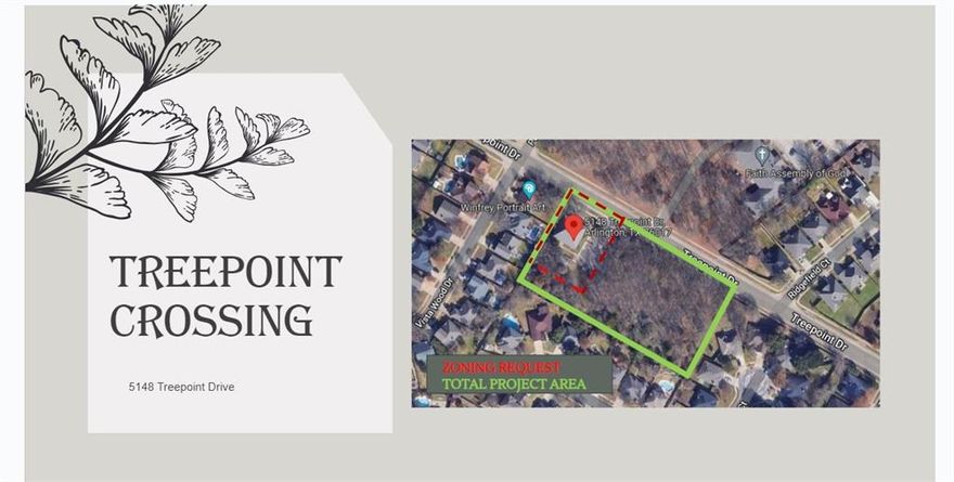 BUILD YOUR DREAM CUSTOM HOME WITH YOUR BUILDER OR OURS.
Listing is for this lot with office building and Treed lot next to it at 5150 Tree point Drive . Totaling 2.66 acres 
9 Custom homes housing project ready for development. Site plan drawings and platting for 9 plats is approved and registered. EACH LOT IS MINIMUM 7200 SQ.FT . THESE ARE BIG LOTS THAT WILL PROVIDE DECENT BACKYARDS TOO.
There is an office about 3500 sq ft office and some trees on the lot next to it. Tree survey and Topo survey plus site development plans will be available after contract.
Excellent location close to everything in Arlington. Build custom homes and get premium on the location.
Get the horizontal work done and build 2 spec homes . Rest of the lots can be custom built for clients. People are willing to pay a premium if they can make the home as per their choice.