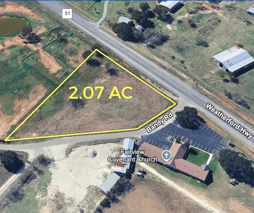 Excellent location with 330.5 feet  frontage road on HWY 51 as well as access on Bandy Road.    Level parcel with ingress and egress entrance.   Great building site for residential,  a multi family development, or a commercial venture.  Minutes from historic Granbury Square, and outside the city limits.  15 minutes to Weatherford and 45 minutes to Ft Worth.  A water tap is available through Aqua Texas.  Deed restriction is no mobile homes.  Buyer to verify all facts.