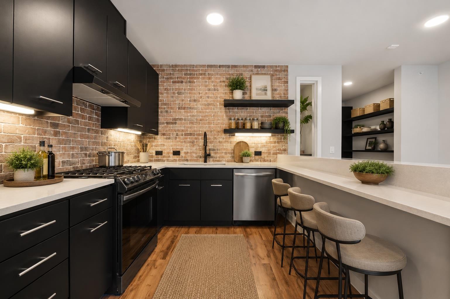 Kitchen featuring a peninsula, black range with g