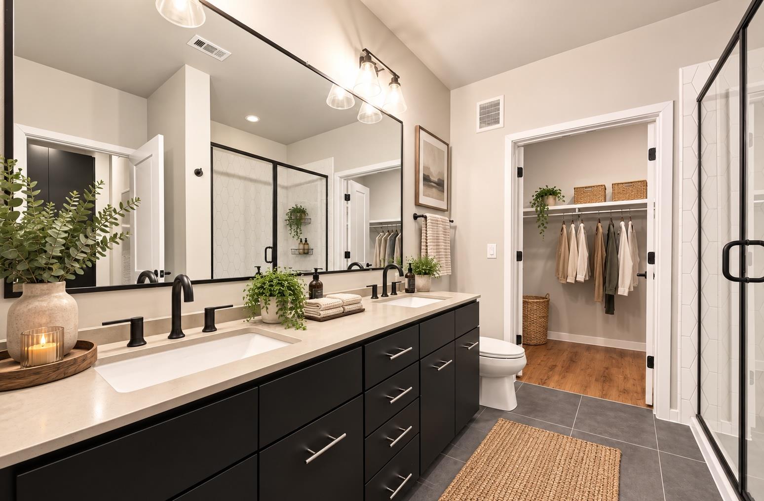 Kitchen with dark cabinets, gas range, light wood