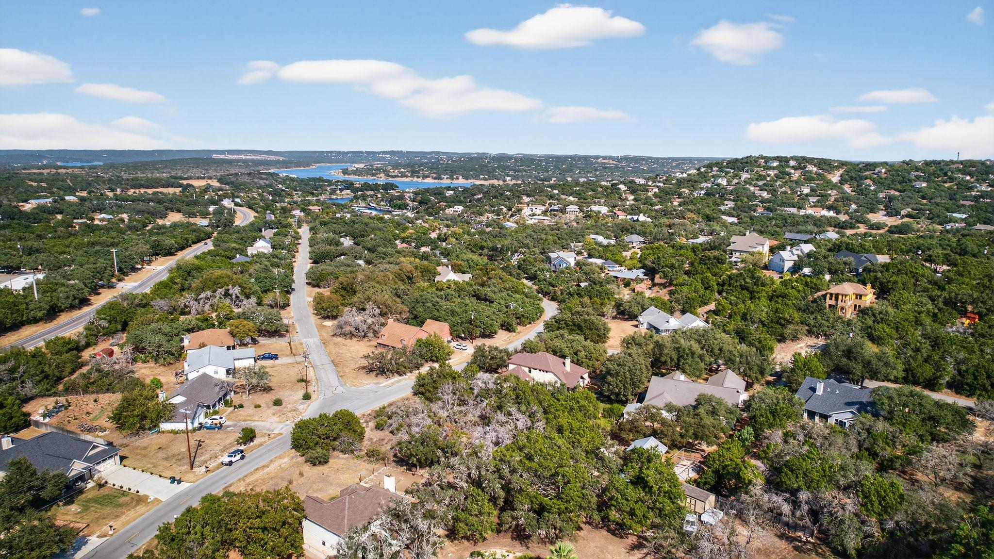 Aerial perspective of suburban area with a large
