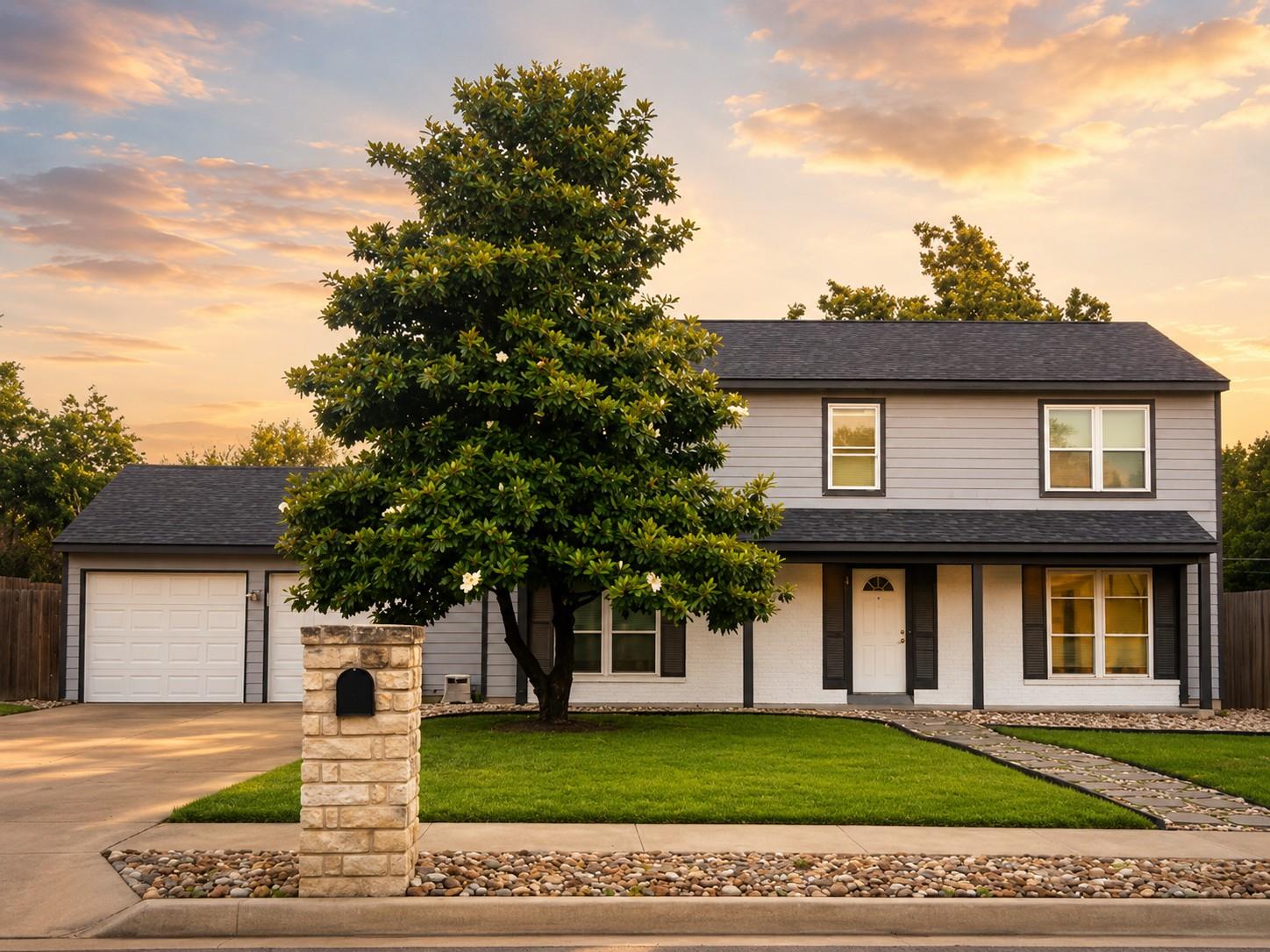 Two-story residence featuring light gray siding,
