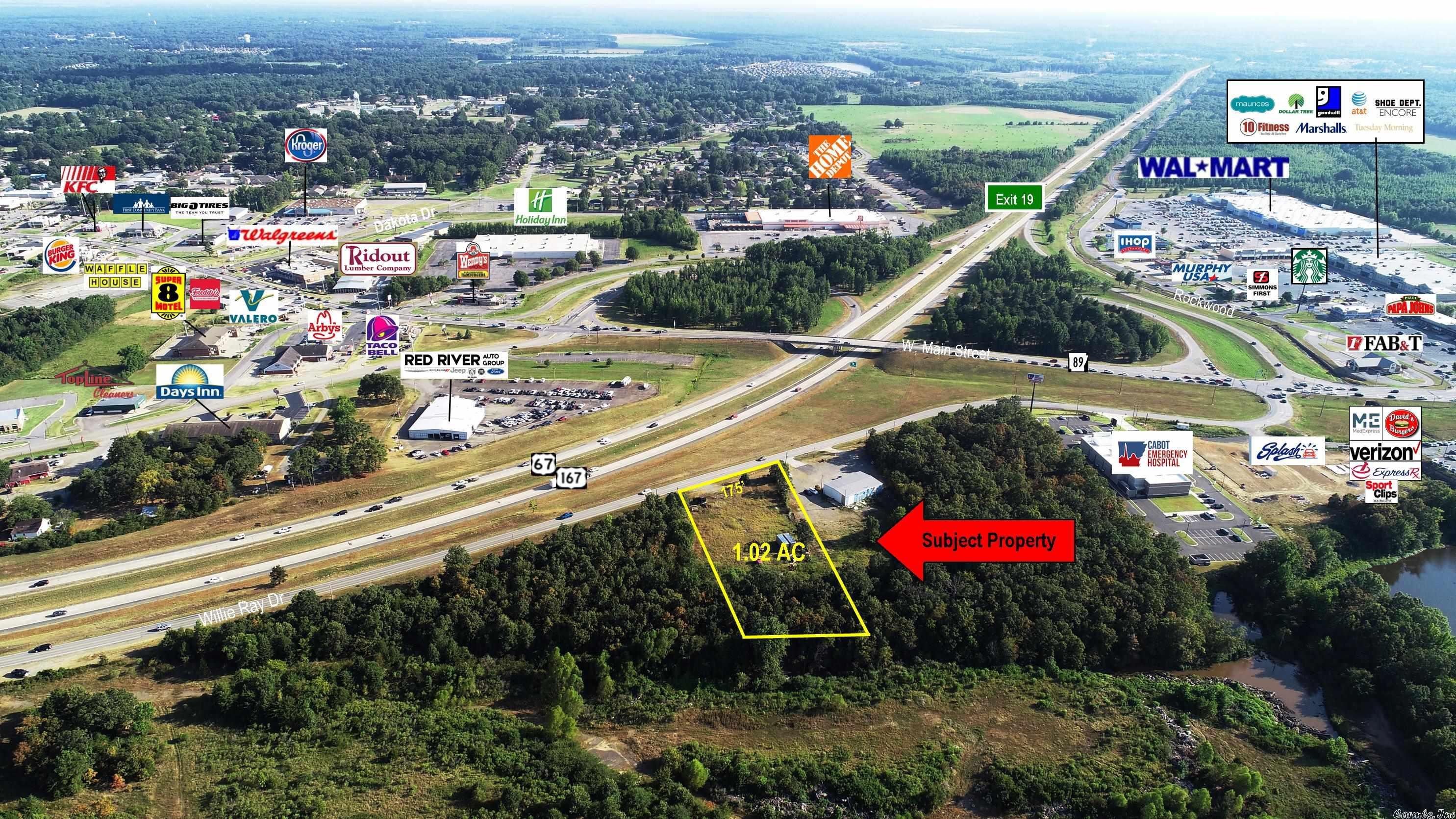 Prime visibility from Hwy 67/167! NW corner of Exit 19 just past new Cabot Emergency Hospital. Unparalleled visibility from both US Hwy 67/167 & W. Main Street. Combined estimated traffic count of 61,000vpd. Site is mostly level w/city utilities available. Zoning required pending use. Surrounding property zoned C-3. Perfect for large hospitality, retail or medical. (Additional acreage available, call for details.)
