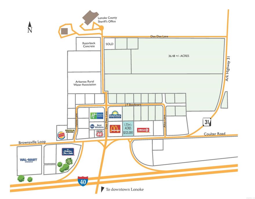Great opportunity for commercial/industrial within the Lonoke city limits with all utilities available.  Sits right off of I40 next to multiple hotels, Walmart Supercenter, Burger King, Waffle House, Valero and numerous gas stations.  Additional tracts and acreage available.  Zoned Commercial.