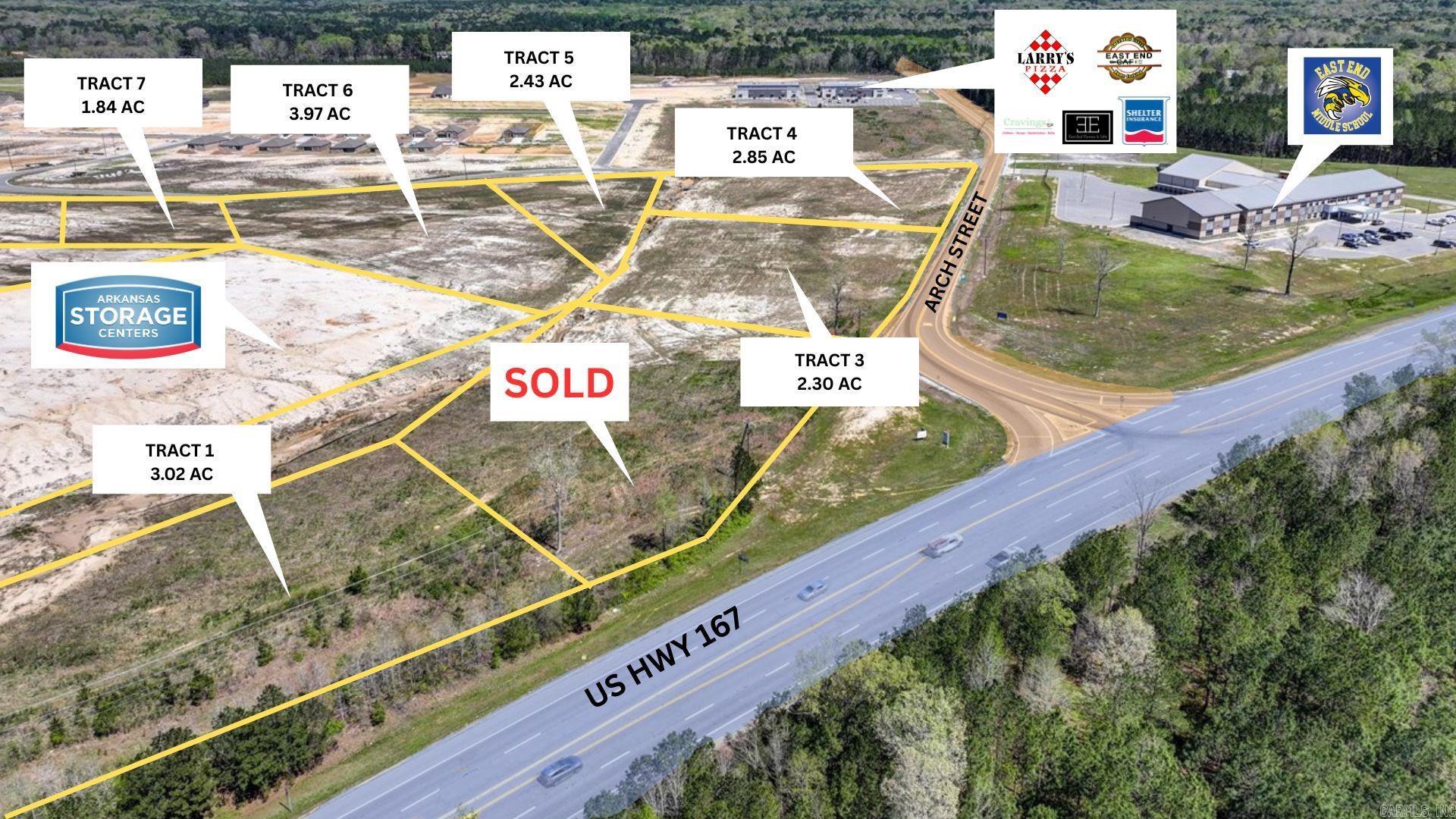 Situated at the intersection of Highway 167 and Arch Street in East End, Arkansas, this commercial development offers a prime location with excellent visibility and accessibility. Highway 167 is a major thoroughfare that connects Little Rock to surrounding communities, ensuring high traffic volume and consistent exposure. - Commercial lots with prominent highway frontage visibility - East End frontage opposite new East End Middle School - Strategically located at US 167 and Arch Street Pike - Versatile potential for various land use projects - Accessible location with convenient transportation links - Proximity to essential amenities and services - Ample space for expansive development plans - Infrastructure-ready for efficient development initiatives