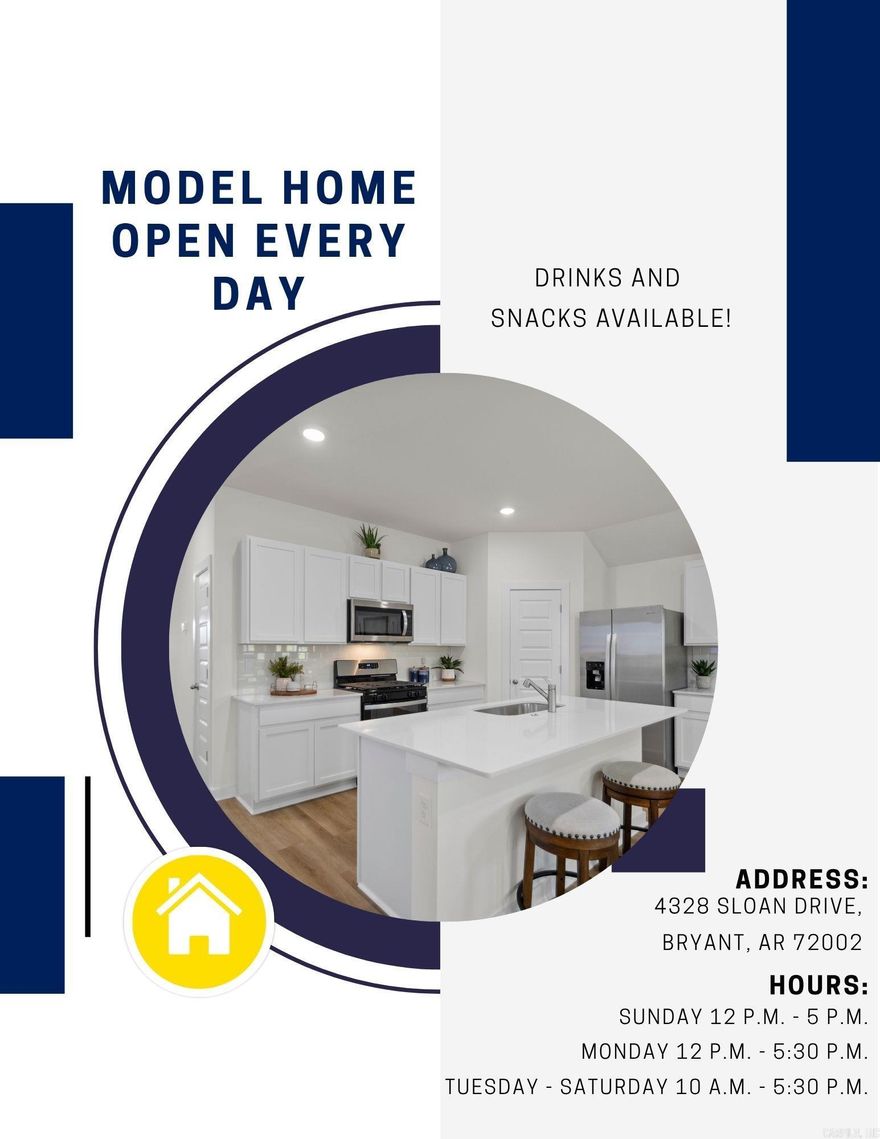 The Cali Floorplan is one of our single-story floorplans featured in Kensington Place community in Bryant, Arkansas. This spacious floor plan includes 4-bedroom, 2-bathroom, and a 2-car garage with an open concept living area, where your kitchen, living, and dining areas blend seamlessly into a space perfect for everyday living and entertaining. These homes feature LVP flooring with carpet in the bedrooms and closets! The kitchen features 36” cabinets, quartz countertops, and stainless-steel appliances. The primary bedroom has an en-suite bathroom that features a walk-in closet, and a walk-in shower. The exterior features 4-sides brick with Hardie® siding per plan. Taxes estimated. $420 annual special improvement fee. Special builder 10-year warranty. $75 Transfer fee. Representative photos only and vary as built!