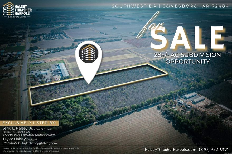At 28 acres of raw land, this property on Southwest Drive holds the perfect opportunity for development. Located in the Southwest Business District of Jonesboro, this tract of land offers endless possibilities for crafting within a vibrant community. The property's prime location ensures a peaceful lifestyle while remaining conveniently connected to major transportation routes, schools, shopping centers, and healthcare facilities. Located within Valley View Public School District. Ranked in Arkansas' Top 20 Schools. Minutes from Jonesboro's Best Lifestyle Amenities. In the heart of one of Jonesboro's Most Preferred and Valued Residential Markets. Close proximity and easy access to connecting highways and interstates to Little Rock and Memphis. Endless options for lot divisibility and layout. Surrounding utilities in close proximity to land for connection and development of the land.