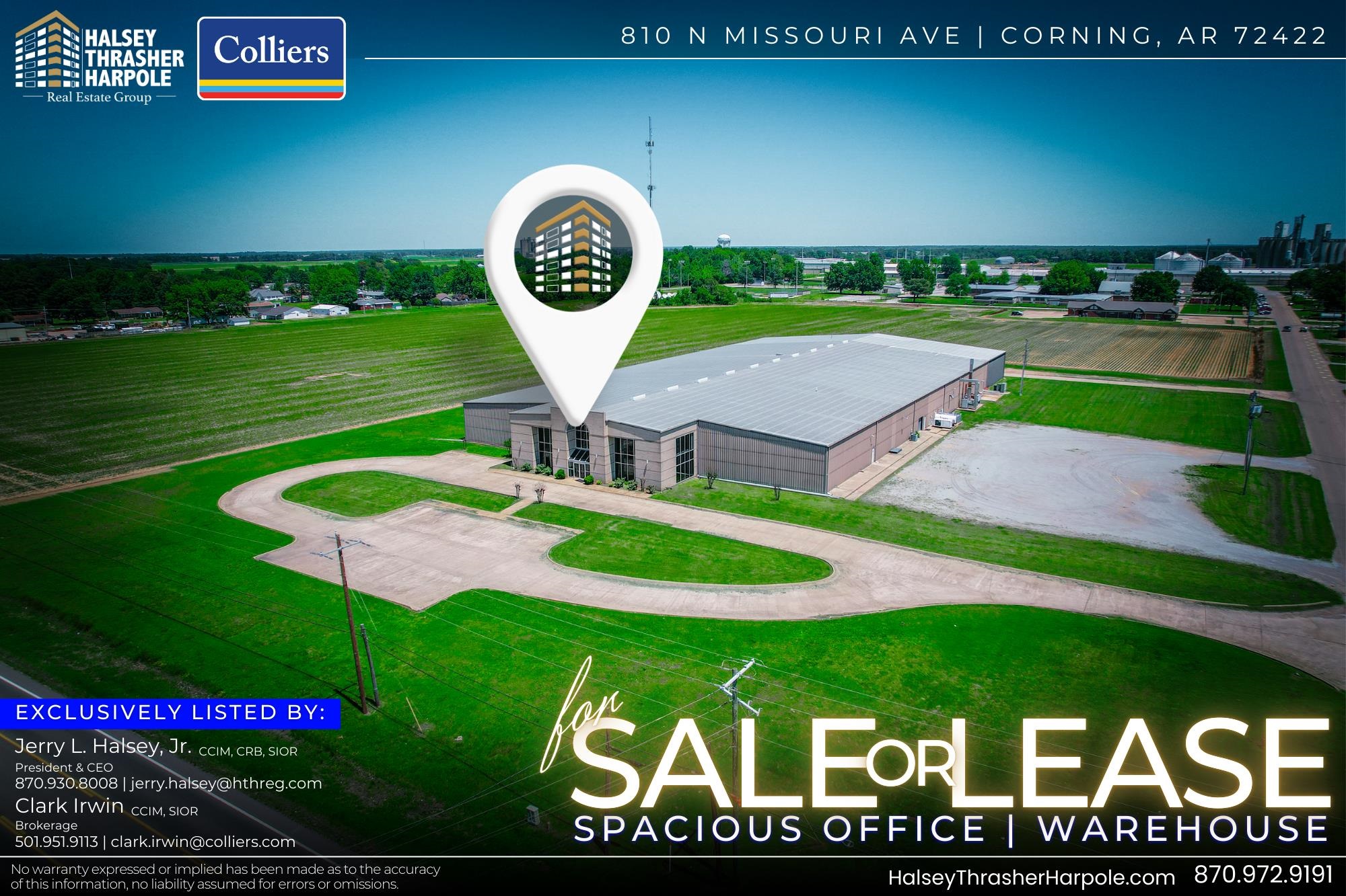 Located at 810 N Missouri Ave in Corning, AR, this substantial industrial facility spans approximately 77,830 square feet and is available for sale or lease. The original two-story building encompasses 64,760 square feet, with an expansion increasing the warehouse capacity. Designed to accommodate both office and warehouse functions, the property is well-suited for a variety of uses. Strategically positioned near major highways and key business areas, the property ensures efficient logistics and access to a skilled workforce. The office space is fully equipped with administrative areas, conference rooms, and essential amenities to support business operations. The warehouse features high ceilings and multiple loading docks, making it ideal for distribution, storage, or light-to-medium manufacturing. It also accommodates mixed-use businesses requiring space for administration and operations. This property presents a valuable opportunity for investors or businesses seeking a versatile commercial space in Corning. With its well-balanced footprint of office and warehouse space, it offers the flexibility and capacity to support business growth and operational efficiency.