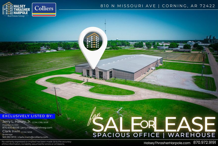 Located at 810 N Missouri Ave in Corning, AR, this substantial industrial facility spans approximately 77,830 square feet and is available for sale or lease. The original two-story building encompasses 64,760 square feet, with an expansion increasing the warehouse capacity. Designed to accommodate both office and warehouse functions, the property is well-suited for a variety of uses. Strategically positioned near major highways and key business areas, the property ensures efficient logistics and access to a skilled workforce. The office space is fully equipped with administrative areas, conference rooms, and essential amenities to support business operations. The warehouse features high ceilings and multiple loading docks, making it ideal for distribution, storage, or light-to-medium manufacturing. It also accommodates mixed-use businesses requiring space for administration and operations. This property presents a valuable opportunity for investors or businesses seeking a versatile commercial space in Corning. With its well-balanced footprint of office and warehouse space, it offers the flexibility and capacity to support business growth and operational efficiency.