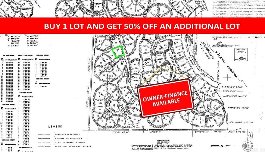Buy one lot and get 50% off an additional lot! Owner-finance for easy terms. Cash buyers can pay by debit or credit card as well. Nice lot to develop or hold for future value. Public water and electric are available to run to property and will need septic. Owner/agent. No mobiles allowed. 1000 minimum build size on any other type of home, depending on subdivision. Finance is $100 finance fee and 10 months at $75 and closing costs are included. Lots marked with red banner are part of promotion. No limit on lots. Buyer responsible for any/all taxes and lots sold "as-is". Quit claim deed conveys. Parcel ID# 405-21449-000