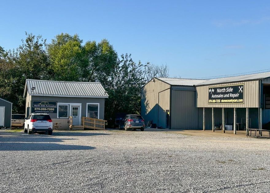 Prime Commercial Property – 1409 East Main Street, Mountain View, Arkansas Offered at $295,000.00 Listing No. 25009 - Discover an exceptional commercial opportunity on East Main Street in the heart of Mountain View. This versatile property features a 1,500 sq. ft. shop building currently operating as an automotive repair facility, providing ample workspace, high visibility, and flexible use potential. A 24' x 24' office building offers a professional setting for administrative needs, customer service, or retail operations. Also included is a 1,050 sq. ft. metal canopy, perfect for vehicle display, covered work, or additional storage. The property sits on 0.91 acres, offering a generous gravel parking lot with plenty of room for customers, inventory, or equipment. Currently operating as a used car lot with shop and office, this location is ideal for automotive businesses, service operations, or a variety of commercial uses. High-traffic area, great visibility, and ready for your next venture. Call for more information or to schedule a viewing.