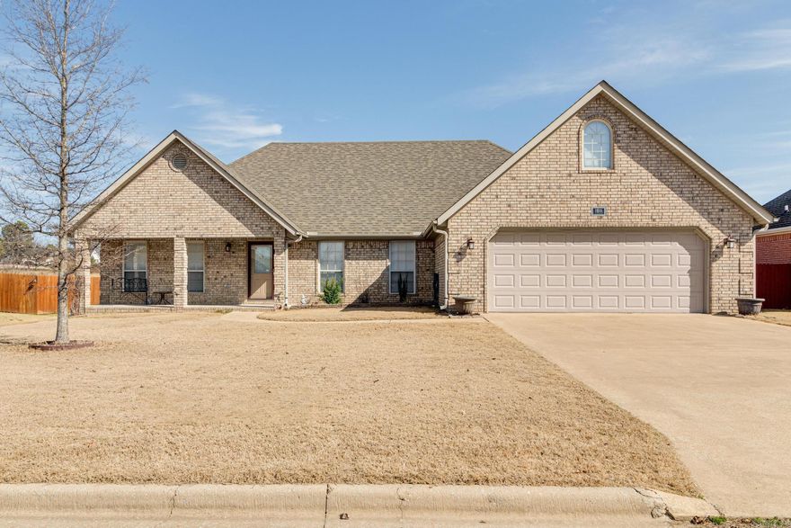This beautiful 3BR 2.5BA brick home has soaring ceilings that welcome guests into the living area and unique arched entries into the dining/kitchen area and hallway to guests rooms. This lot is one of the larger lots in the subdivision and has a privacy fenced backyard with a lifetime Behr's stain on the fence. The home had a brand new roof put on in 2023 and carpet is less than 5 yrs old. Talk about spacious rooms, this house has them! Floored attic space over the majority of the garage area and extra insulation too! Great location for running to shops or grocery stores is just another extra bonus! The storage building stays with the property. Call to schedule your private viewing today!