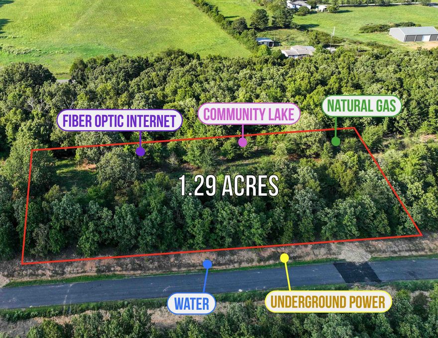 Gated wooded community with two entrances, underground power, water, natural gas and fiber optic internet. Community lake. Restricted to site built homes, 1850+ sq ft, no mandatory builder nor time to build.