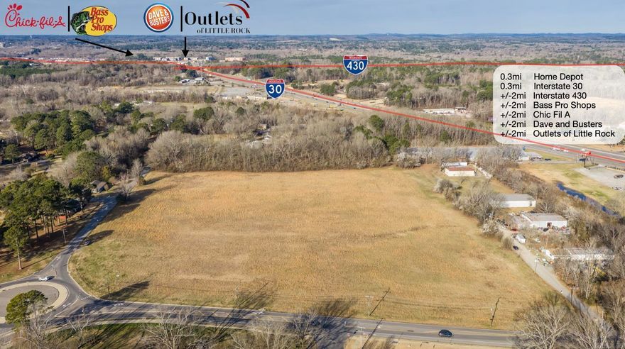 Prime Commercial Land Opportunity! 17.05-acre level corner commercial site in Little Rock with roundabout access and C-3 zoning allowing for a wide range of commercial uses. The property offers excellent visibility and accessibility and is located just 0.3 miles from I-30 with approximately 110,000 vehicles per day. Mabelvale Pike frontage with 9700 vehicles per day. 12 miles from Clinton National Airport. Positioned in a strong retail corridor near Bass Pro Shops, Outlets of Little Rock, Dave & Busters, Home Depot and numerous restaurants. Convenient access to both Benton and Bryant make this site well suited for retail, hospitality, service, or mixed commercial development.