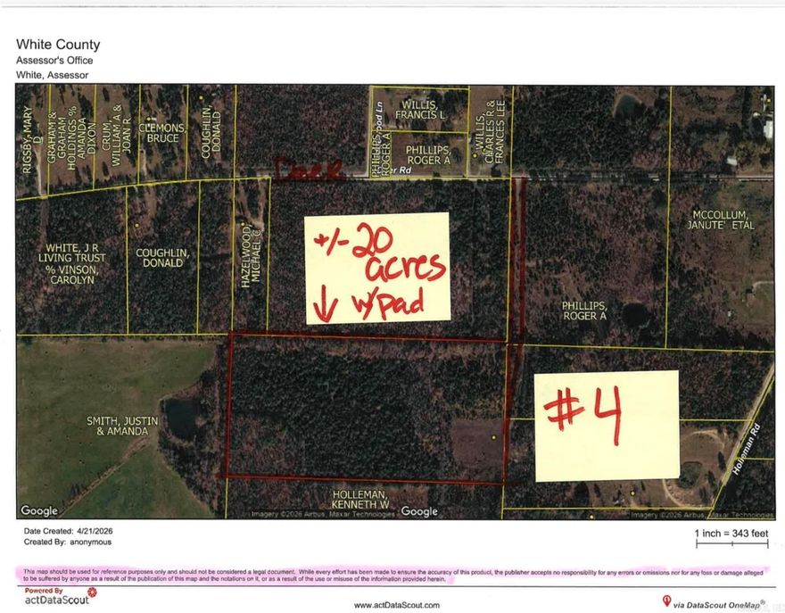 Beautifully wooded and partly cleared approximately 20 acres. (signs for road to #4) Great to build, hunt or play on. Road to right is easement to this Property. See signs Located same side of the road, between properties at 441 Deer Road and 527 Deer Road.