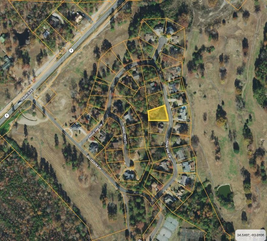 Beautiful lots in existing subdivision. Near new bypass.  All utilities available.  Located off of scenic Hwy 7.  5 minutes to Historic Downtown Hot Springs.  Less than 7 miles from Oaklawn Racing & Gaming. Near HSV and Bike Trails. Subdivision in old Belvedere Golf Community is surrounded by over 500 acres of Dept of Agriculture acreage. Steep and wooded lot, vista views.