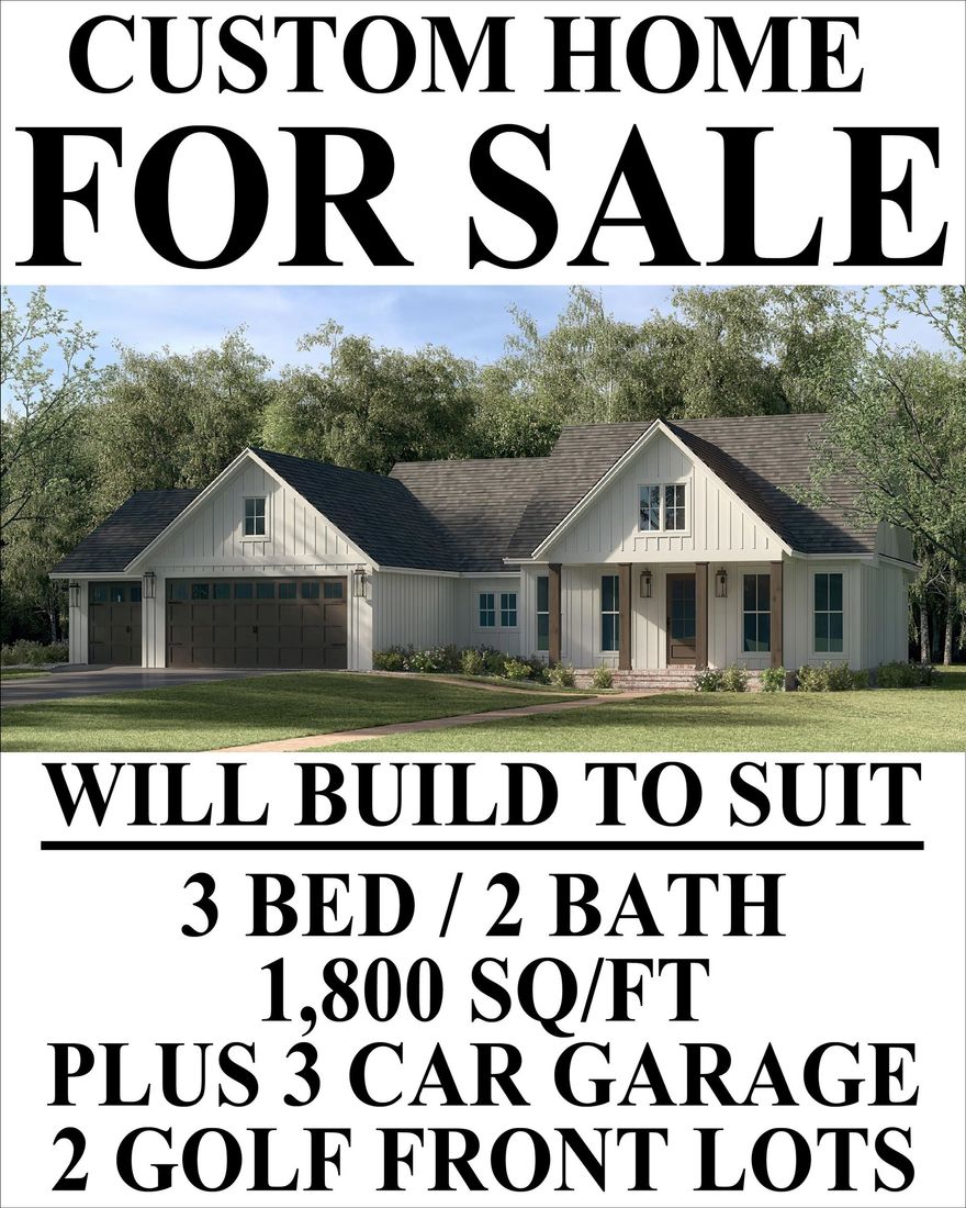 CUSTOM BUILT HOME ON THE SOUTH GOLF COURSE 2 LOTS This custom built home has 3 bedrooms, 2 baths, 1797 Sq ft, open living room, custom kitchen with cabinets and countertops built to suit, 9 foot ceilings, wood floors, dining room, and utility room.  The house sits on 2 flat lots with a 3 car garage, one door has rear access so you can drive your golf cart right out to the golf course.  Covered back porch with gorgeous views of #4 hole at the beautiful South Golf Course.  Cherokee Village offers owners seven lakes, two golf courses, recreation center, all surrounded by nature.  This home is still under construction so seller will build to suit.  You can have that dream home you always wanted with space and nice peaceful evenings.