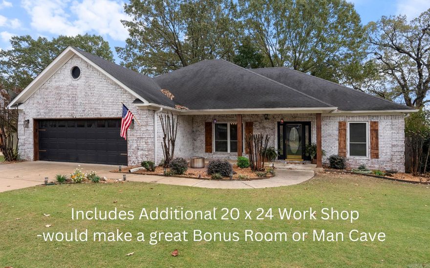 Welcome Home! This dream home and shop are waiting for you. Walking up to the front porch and into this home, you will find a Rustic Modern Design that greets you and your guests to this entertaining space. The large living area flows naturally to the kitchen and large dining area with quick access to the private deck and pergola leading to the 20 x 24 Workshop. The shop would make a great man cave, recreation room, hobby room or additional office space in addition to the perfect setup for the handyman in your life to store all their tools an for extra storage. Lots of updates have been made including Luxury Vinyl Plank Flooring, Updated Bathrooms, Kitchen Updates including Stainless Steel appliances, and New light fixtures throughout. Washer, Dryer and Fridge stay!! The stove can be either gas or electric as the current seller added Gas as an option in both the Kitchen and also the Laundry room for a gas dryer option. Large Walk-in closet in the Primary Bathroom as well as both a Shower and a Garden Tub. Three bedrooms make this one level home something you will fall in love with immediately. Setup a time to see it Today!