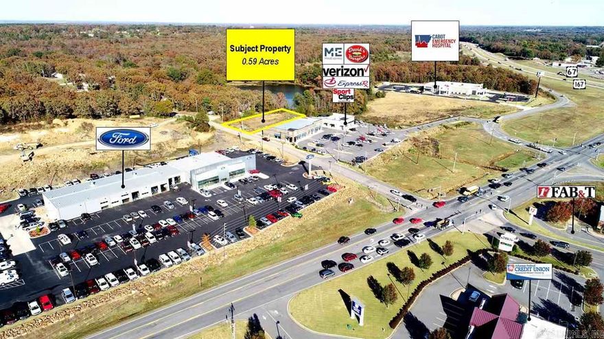 Centrally located! Amid heavy retail & hospitality w/new Cabot Emergency Hospital, Splash Car Wash, Med Express, David’s Burgers, Express RX, Red River Ford & more. Site is located near a signaled intersection, opposite 2 shopping centers & Wal-Mart Supercenter. Zoned O-1 for "Quiet Office" w/utilities available.  Lot has been leveled & cleared. Offers great visibility & high traffic count, over 36,000 combined vpd & average household income of $78,814 in 1 mile radius.