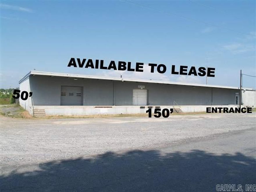 Commercial Warehouse 150ftX50ft=7,500sf Gas Ht, Includes One Office 35ftX24ft, & Rest Room, Central Ht&AC, Concrete Block Walls, No Partitions or Posts, 10ft Clearance, 2 Overhead Doors open to Covered 150ft X 8ft Dock, 3 Phase Electrical, Near Little Rock Airport, Convenient access to I-30, I-440, I-530, Yearly Lease & Renewal Option, Lessor is Owner and Licensed as an Arkansas Real Estate Agent with Crye-Leike, Realtors-Kanis Branch. Crye-Leike, Realtors NOT A PARTY TO LEASE, CALL RONNY BROWN 501-590-333