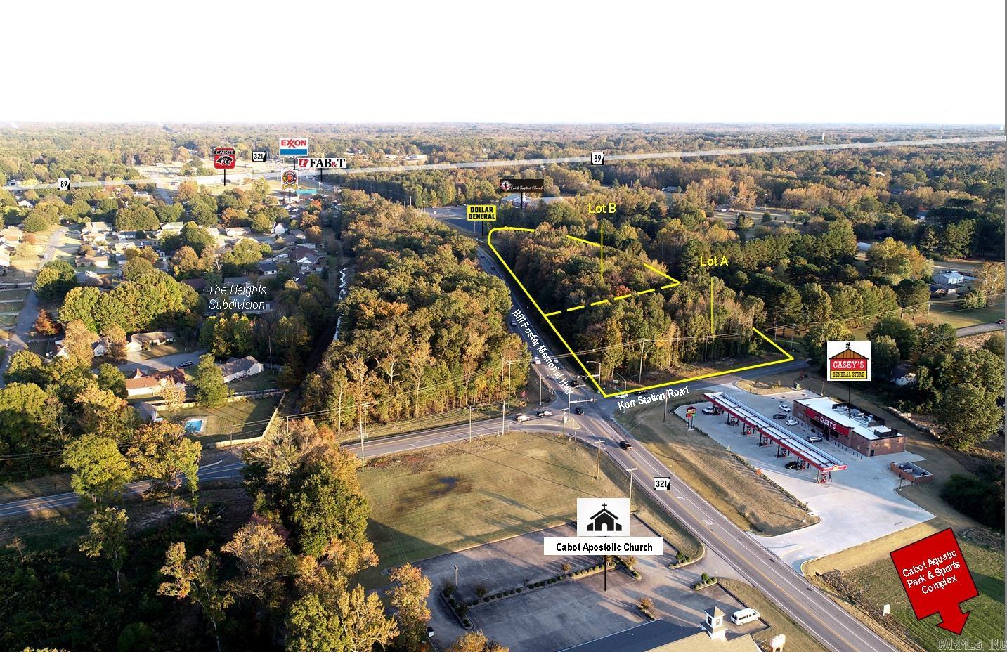 Corner of Hwy 321 & Kerr Station!  Lot A.  Excellent visibility opposite Casey's. +/-350' Frontage on Hwy 321, +/-237' Frontage on Kerr Station.  Signaled intersection w/combined traffic count of 30,000 vpd.  A significant increase in foot traffic expected w/completion of new sidewalks (included in 5-lane hwy expansion). Other community & commercial growth in area includes Cabot Aquatic Park, Dollar General & That Church.  Zoned C-2 w/city utilities available.  Call for more information!