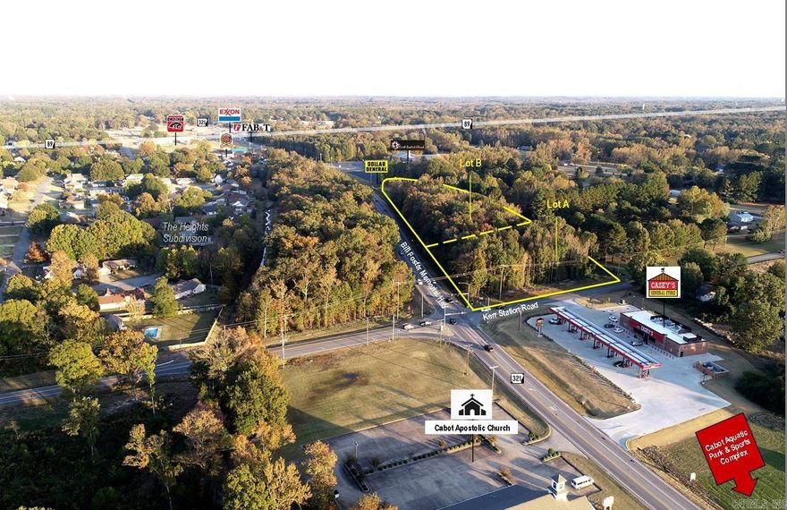 Corner of Hwy 321 & Kerr Station!  Lot A.  Excellent visibility opposite Casey's. +/-350' Frontage on Hwy 321, +/-237' Frontage on Kerr Station.  Signaled intersection w/combined traffic count of 30,000 vpd.  A significant increase in foot traffic expected w/completion of new sidewalks (included in 5-lane hwy expansion). Other community & commercial growth in area includes Cabot Aquatic Park, Dollar General & That Church.  Zoned C-2 w/city utilities available.  Call for more information!
