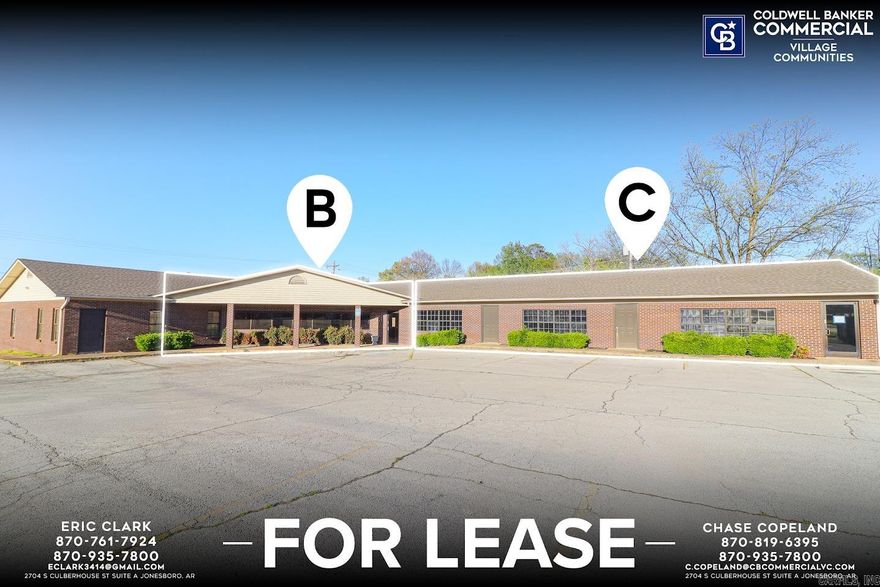 Coldwell Banker Commercial - VC is pleased to present two available lease spaces at 1105 W Court Street in Paragould, Arkansas. This well-positioned multi-tenant property offers a turnkey 3,000 SF dental office fully equipped with the necessary infrastructure and equipment for immediate operation. Additionally, Suite C features 2,924 SF and includes a welcoming reception area, office/patient rooms, two restrooms, one shower, and a large open area suitable for a variety of uses. The flexible layout allows for seamless adaptation to medical, office, or service-oriented tenants. The property is adjacent to the Senior Citizen Bees Community Center and is surrounded by established medical users and professional offices, creating a strong healthcare and service-oriented environment.