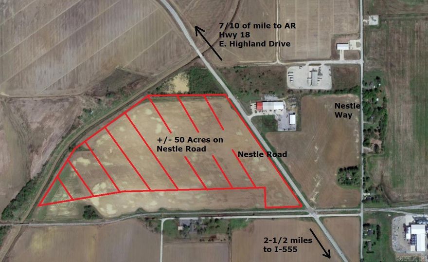 Currently zoned for Agriculture and leased to a farmer for cultivation. Property lies west of Nestle Road adjacent to the Jonesboro Rail Spur, and serviced by BNSF Rail Road. Property is priced to sell and ready for development. Located about 1700' from City Sewer. CWL power is on Nestle Road.