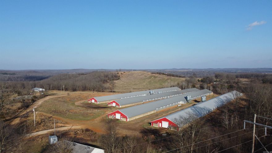 Investment opportunity!  8 chicken houses (50x550) sitting on approximately 45 acres in Ravenden, AR. Right at 10 years old and very well maintained. Old house (not habitable) on property with electric, water, septic available. 4 wells and 2 generators...additional equipment available for purchase (such as windrow machines, tractor, skid steer, dump truck, etc).  Call today for more information.